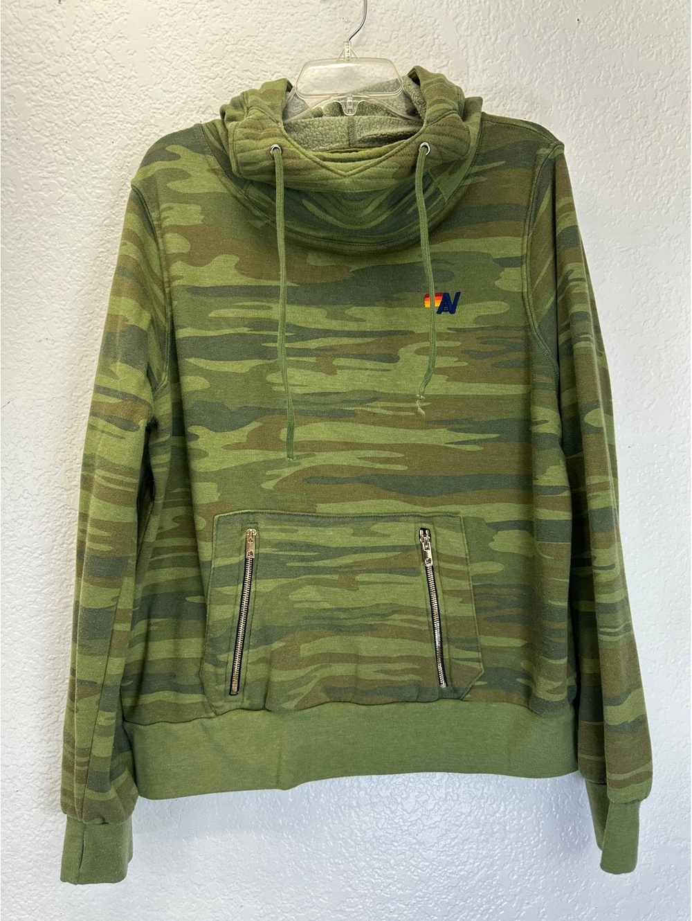 Aviator Nation Sz L Camo Ninja Pullover Hoodie Kangaroo Pocket Green Funnel Neck